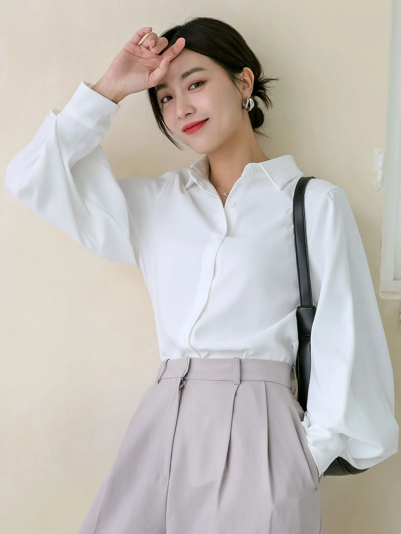 

Women Solid Color Long Sleeve Casual Business Shirt Bishop Sleeve White Blouse Spring Autumn