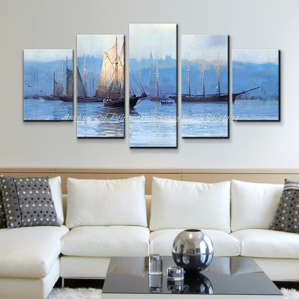 

Arthyx,5 PCS,Handmade Blue Ocean White Sailing Boats Oil Painting On Canvas,Modern Abstract Art Picture for Room Home Decoration
