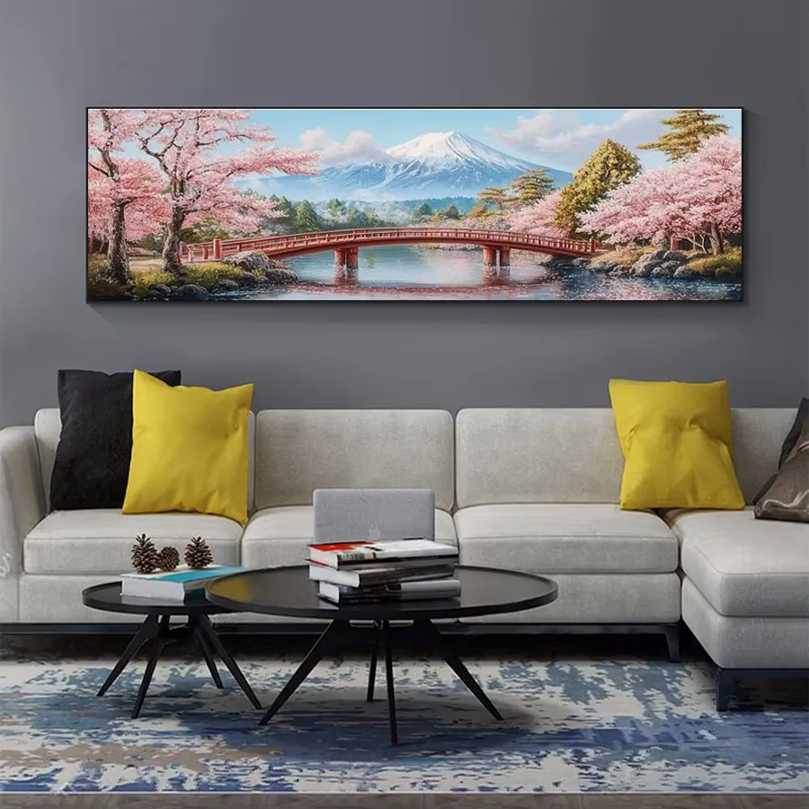Diamond Painting Mount Fuji Cross Stitch Kit Japanese Cherry Blossom Trees Diamond Embroidery Red Stone Arch Bridge Mosaic Decor