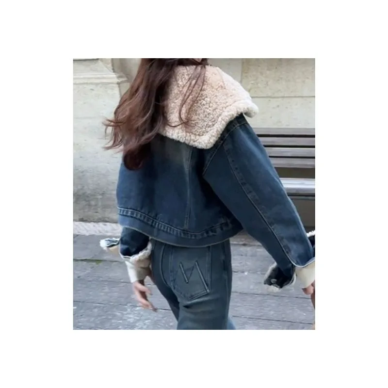 Thickened Denim Jacket Women's Autumn and Winter 2026 Korean Version Loose Design Lapel Short Top