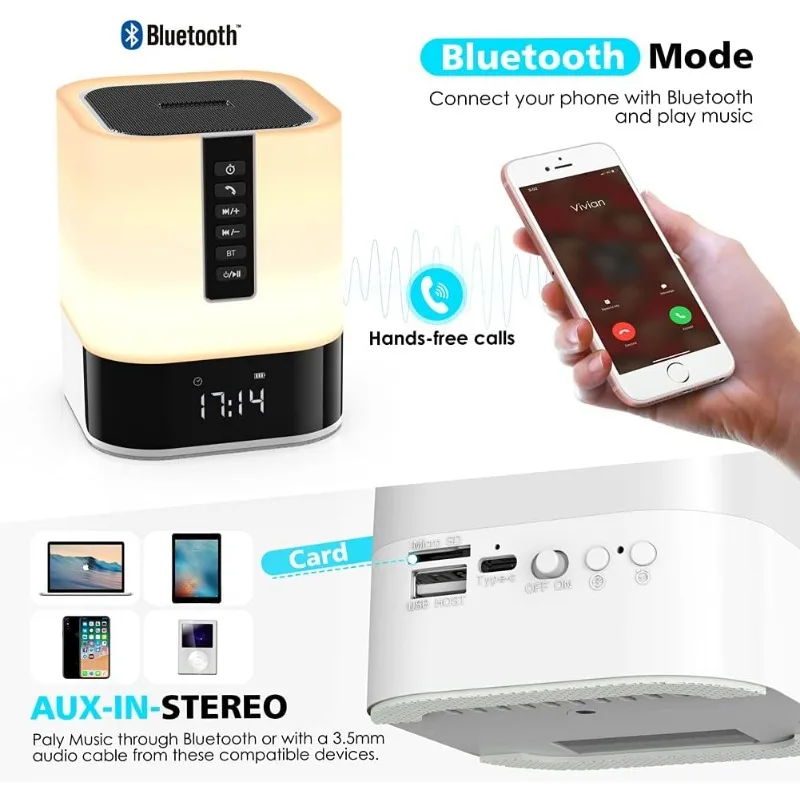 Nachtlampje Bluetooth-luidspreker, 5-in-1 aanraakbediening bedlampje dimbaar meerkleurig veranderen, slaapkamerwekker