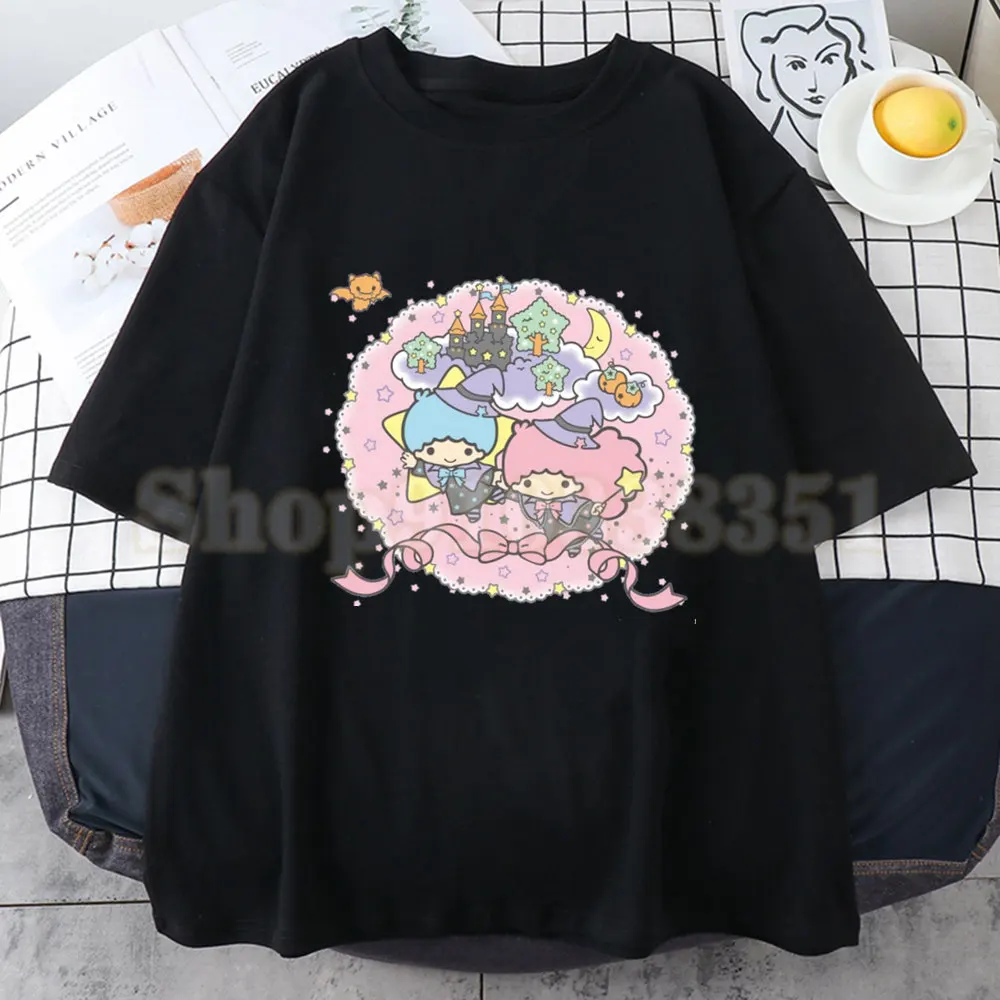 Women T-shirt Casual Ladies Basic O-collar Cartoon Halloween Little Twin Stars Print Harajuku Sleeved Women T-shirt Drop Ship