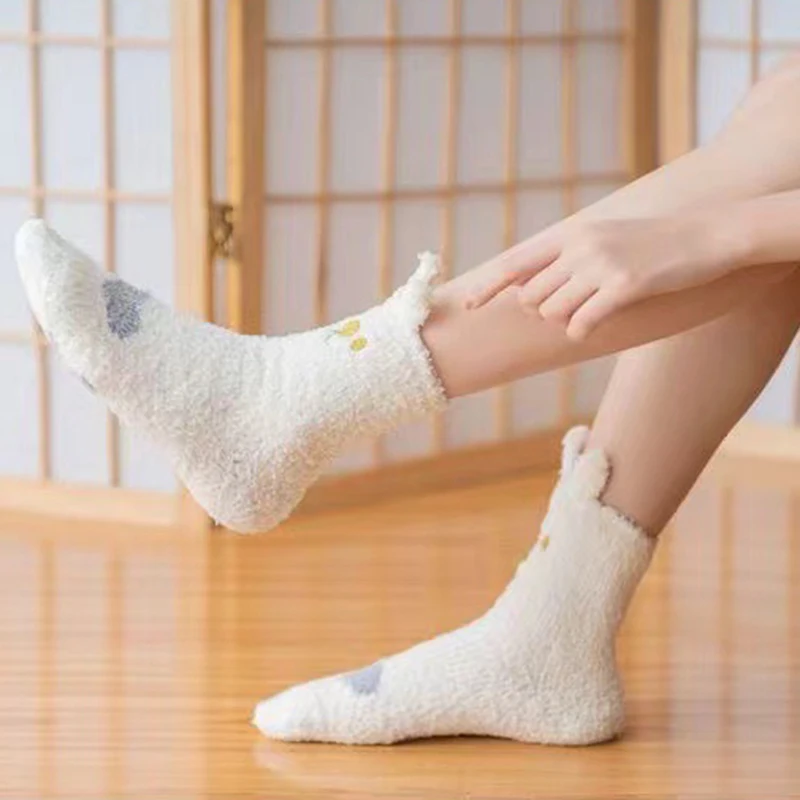 1/5 Pasang Kaus Kaki Lantai Bulu Karang Wanita Musim Gugur Musim Dingin Tebal Kaus Kaki Santai Rumah Luar Ruangan Kucing Telinga Kecil Mewah Nyaman Hangat