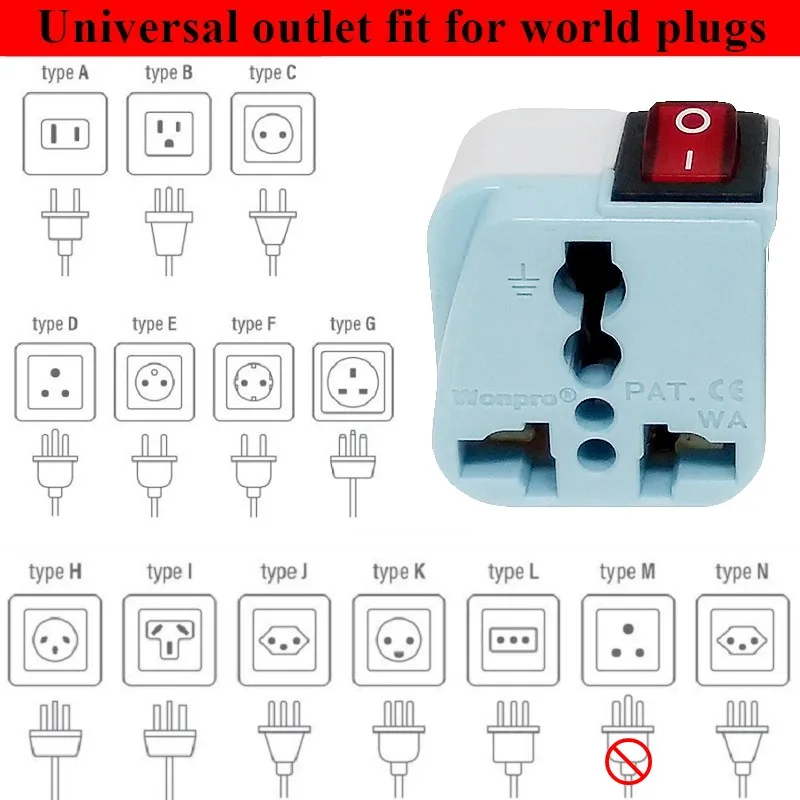 US 2 Pin Plug Adapter Converter AC250V 10A With Main On/Off Switch LED Indicator Wonpro WSA-6 WT