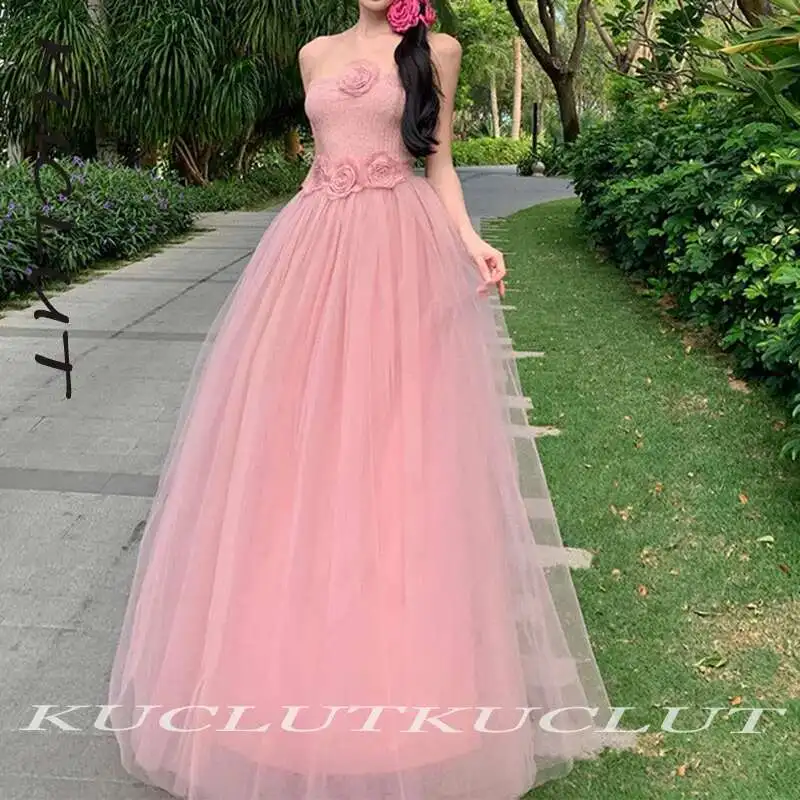 

KUCLUT 2025 New Fashion Women Two-pieces Set 3D Flower Design Strapless Tops Beach Vaction Backless Mesh Waisted Skirt K393