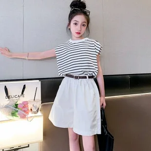 2026 summer girls Clothes Child set sleeveless Suit Teen batwing striped t shirt crop top +loose shorts pants 4 8 10 12 14 years