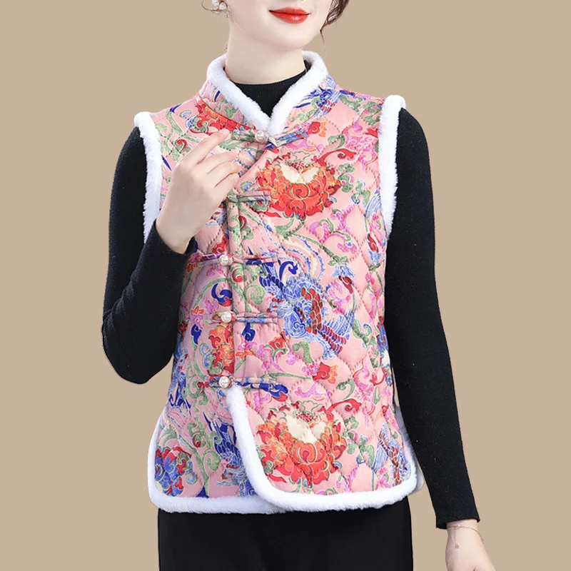

Осенне-зимний жилет для женщин среднего возраста, жилет в китайском стиле, бархатный толстый принт, хлопковая куртка на пуговицах с лягушкой, пальто, топ