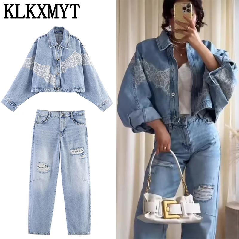 

KLKXMYT Women Chic Splice Lace Set Long Sleeve Short Denim Jacket+Loose Mid-Rise Hole Decoration Jeans Woman Outfits