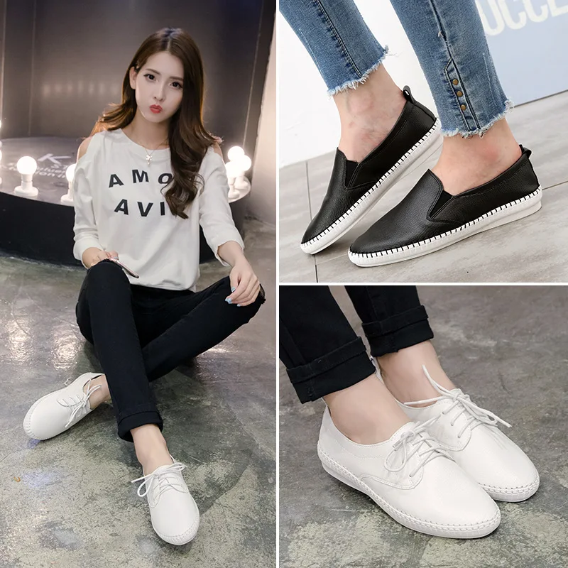 2021 Spring Women Ballet Flats Oxford Flat Shoes Soft Leather Shoes Ladies Lace Up White Black Loafers Flats Boat Shoes rty67