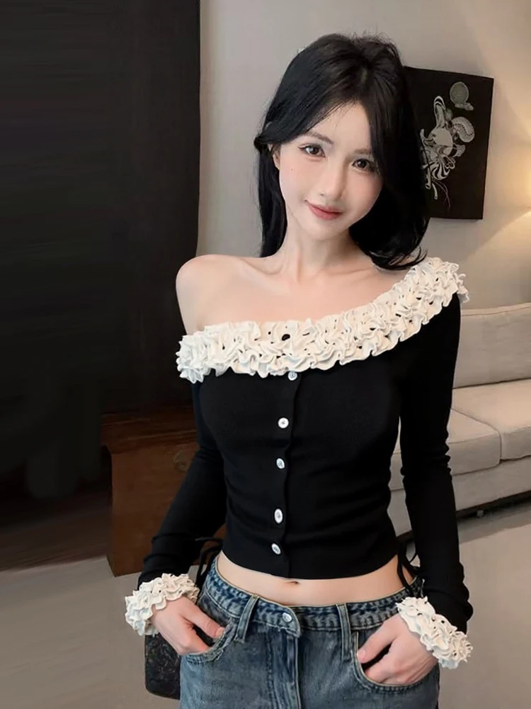 

Черные вязаные топы с французскими рюшами и наклонным вырезом, женские сексуальные укороченные свитера с открытыми плечами, осенние тонкие универсальные наряды