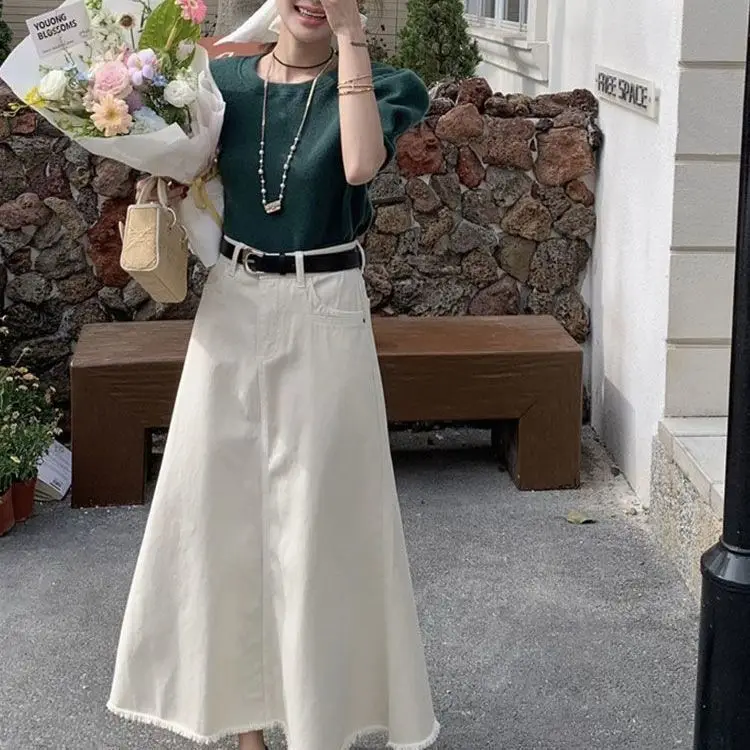 

Белая джинсовая юбка А-силуэта с высокой талией, облегающая, модная, миди, фасон «рыбий хвост»