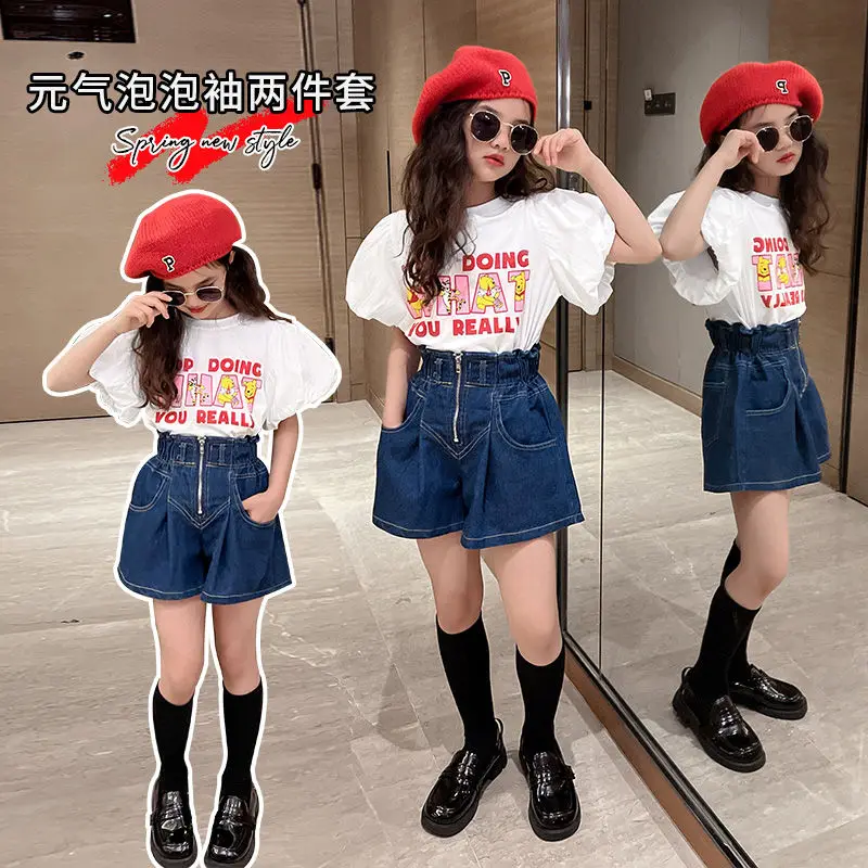 

Girls' Summer Suits 2022 New Korean Children and Teens Short Sleeve Puff Sleeve Children's Jeans Girls Two-Piece Suit