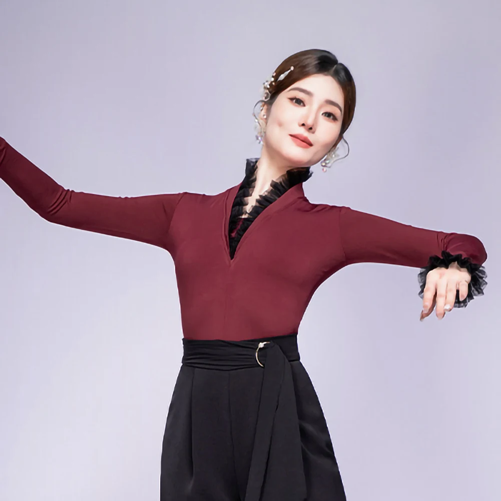 بدلة رقص لاتينية لممارسة الرقص على الطراز الجديد للسيدات بدلة رقص تشا تشا برقبة على شكل حرف v بقصة ضيقة وأكمام طويلة أداء سامبا