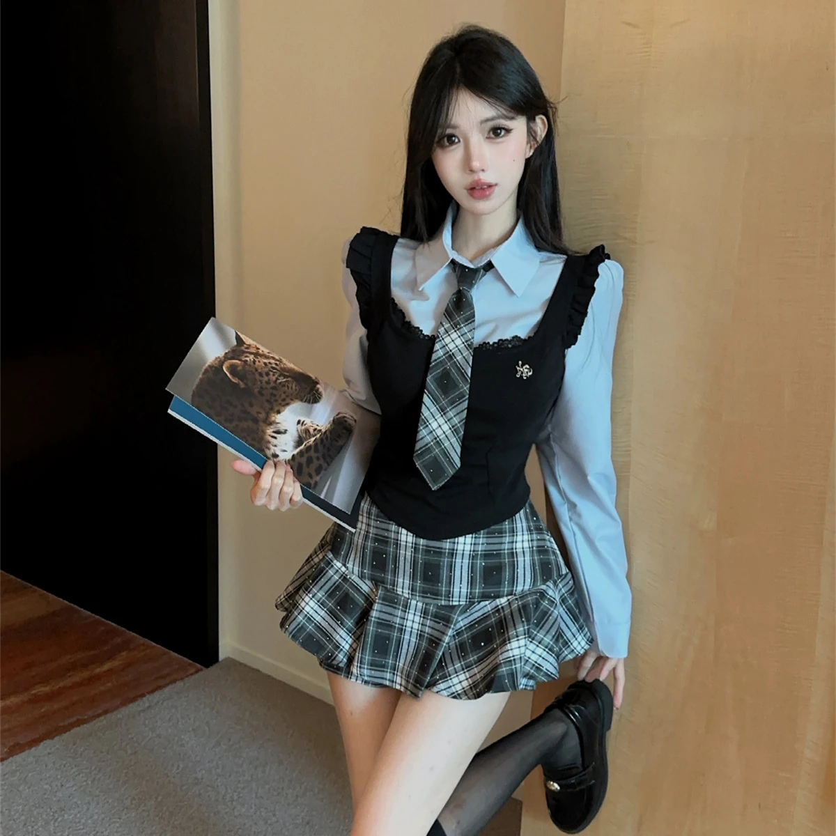 College Style Jk Uniform Set Long Sleeve Shirt Tie Waist Skirt Three Piece Set Autumn New Fashion Women's Clothing Set