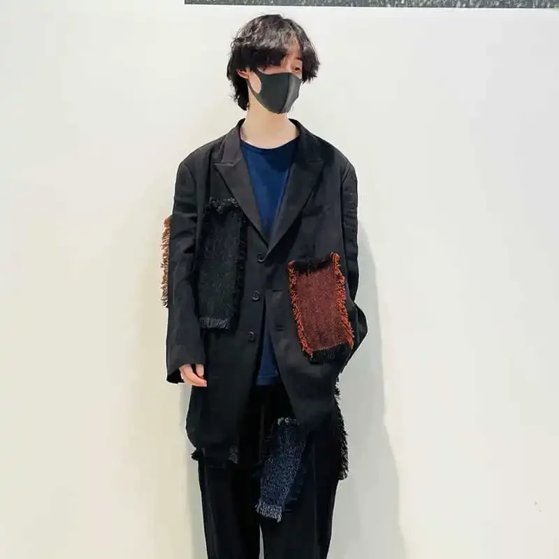 

YOJI OOAK оригинальный дизайн, универсальный материал, ткань для сращивания, черная и красная льняная ткань, куртка, топ, мужской модный