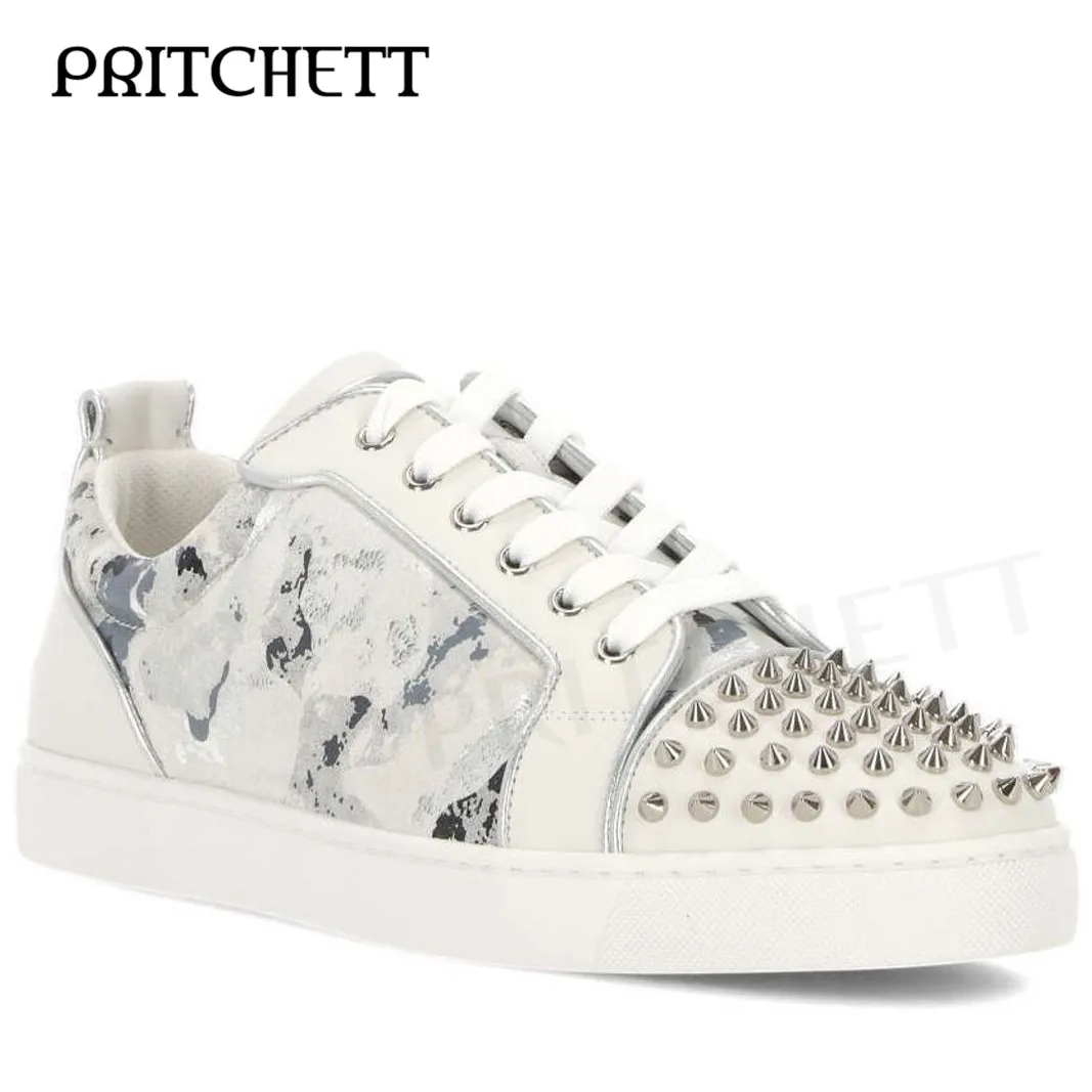 Rivet Color Matching White Casual Shoes lace-Up Printed Stitching Sneakers Large Size Comfortable and Fashionable Men\'s Shoes