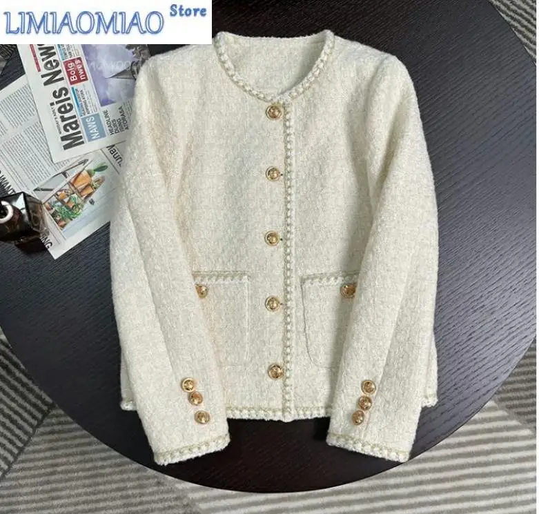 New Spring Autumn Korean Version of Beige White French Short Style Small Fragrance Quality Girl Tweed Coat Woman