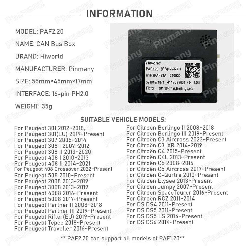 Car OEM Radio CANBus Box PAF2.20 for Peugeot 4008 5008 Partner Rifter Tepee Traveller Citroen Berlingo C-Qurtre RCZ DS4 DS5 DS6