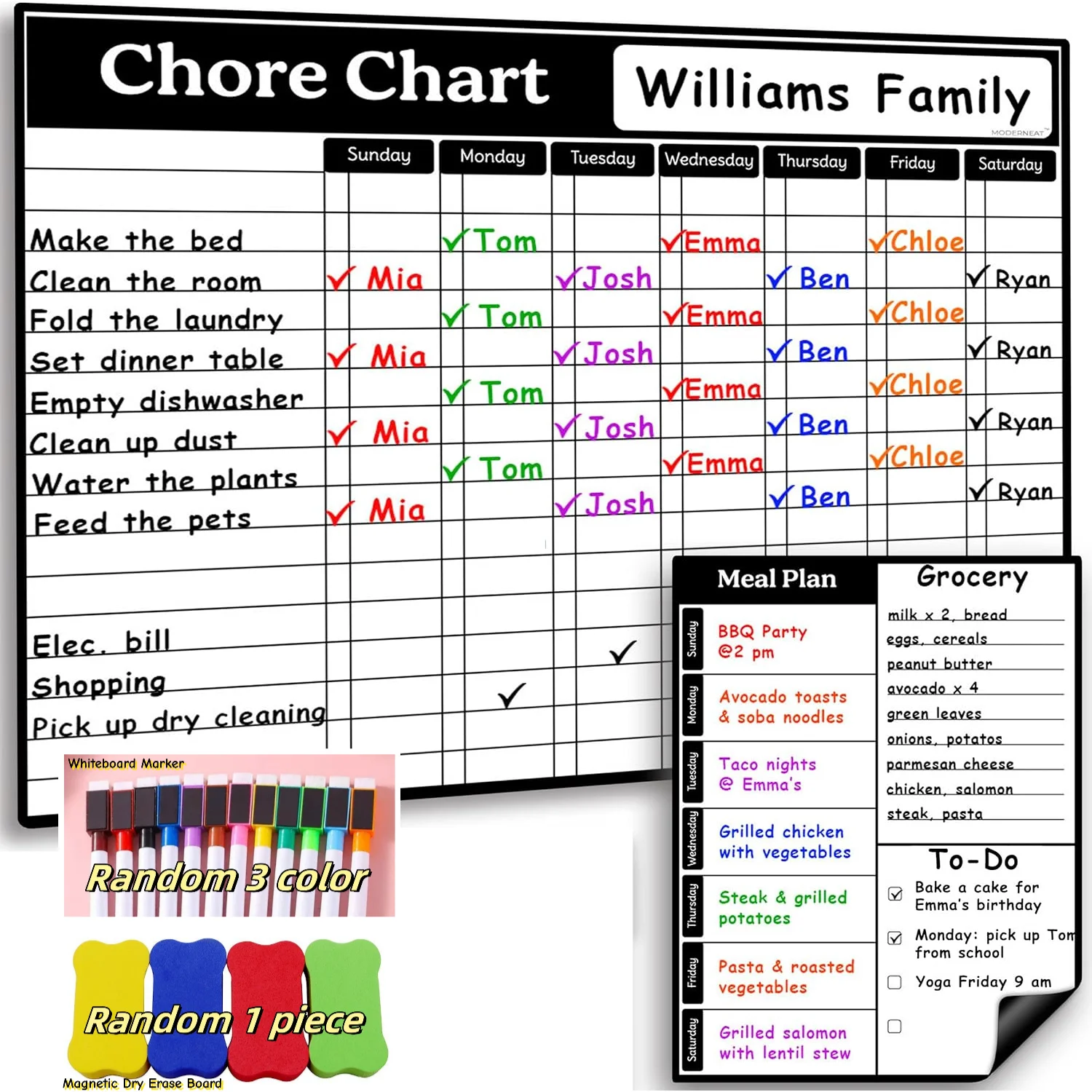 Magnetic Chore Chart Dry Erase Whiteboard Set - Pocket Charts, Teens & Adults (15x 11.5), Daily To-Do, Grocery, Notes (9x 7) -Be