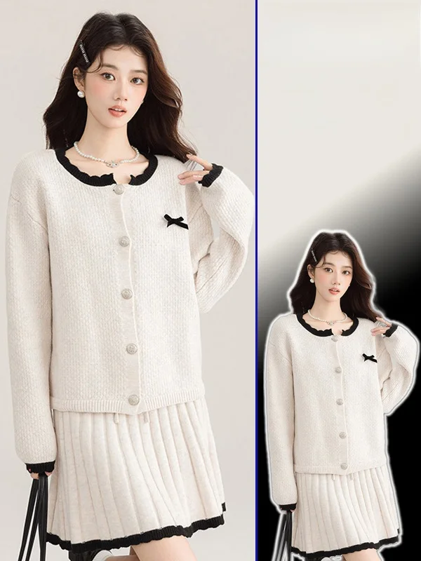 

plus Size Women's Sweet Knitted Open Cardigan Sweater And Pleated Skirt Two-Piece Set Autumn Winter Faion Casual Wear