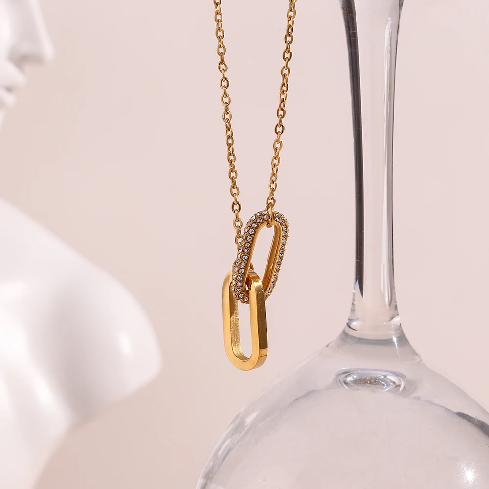 Micro Set Rhinestone Green Pink Paper Clip Link Pendant Necklace For Woman Stainless Steel Gold Necklace Jewelry For Party