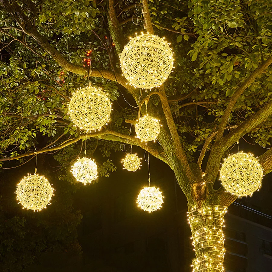 Hanging LED 20CM 30CM Outdoor Rattan Ball Fairy Garden String Lights Christmas Tree Garland Lights for Party Wedding Decoration