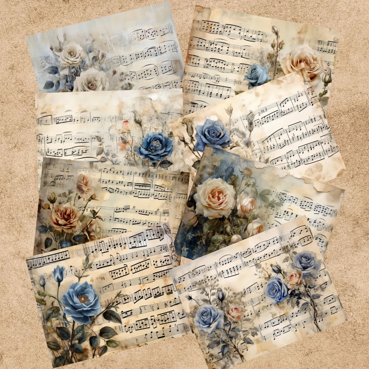 16 Sheets A5 Size Retro White Rose Flowers Blue Background Sheet Music Vintage Grunge Journal Planning Scrapbooking