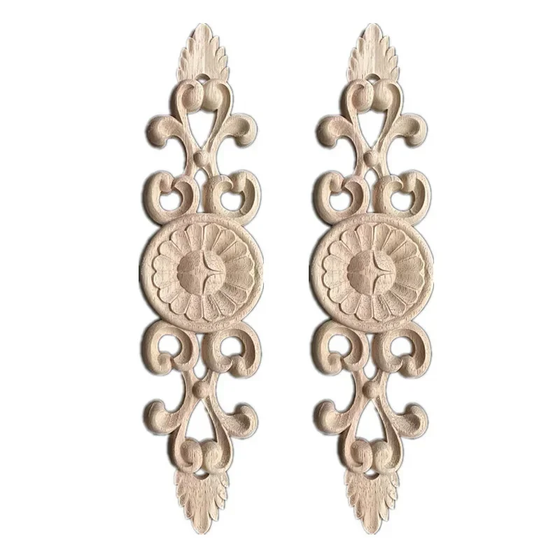 2PCS 36-50cm Flower Carving Natural Wood Appliques for Furniture Cabinet Unpainted Wooden Mouldings Decal Decorative Figurine