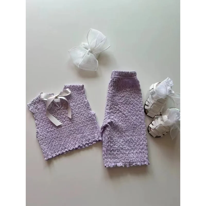 2025 Summer New Baby Girl Sleeveless Clothes Set Infant Girl Cute Bow Vest + Cropped Pants 2pcs Suit Toddler Thin Solid Outfits