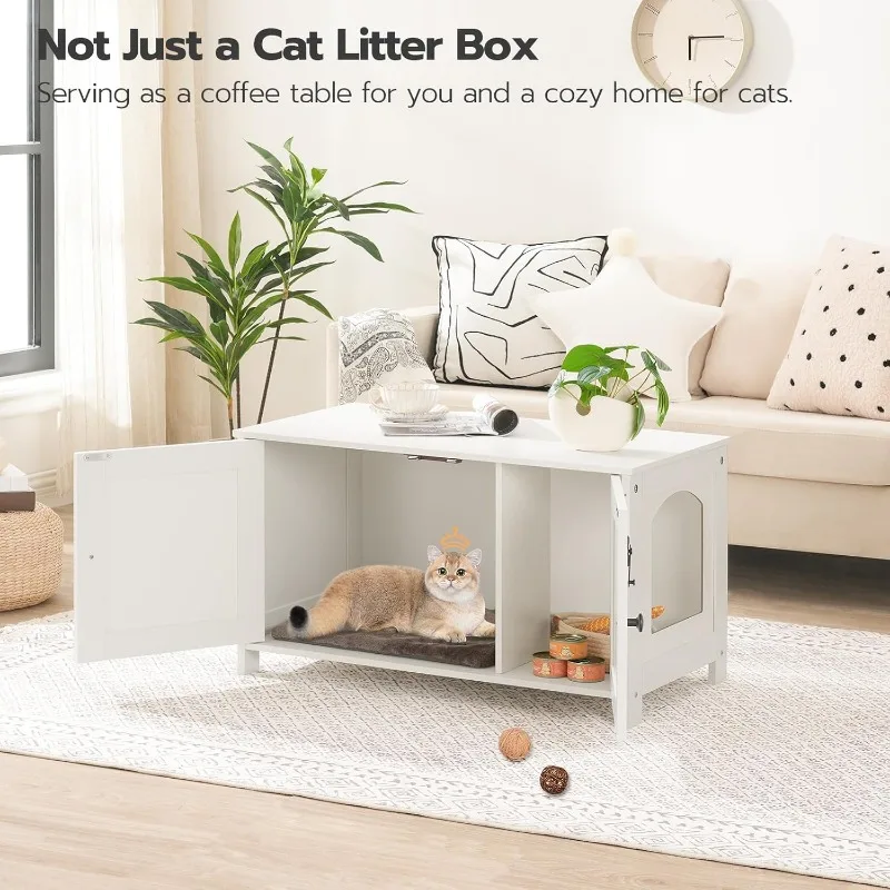 Litter Box Enclosure, Cat Litter Box Furniture with Removable Divider, Large Hidden Litter Box Furniture, Wooden Cat House