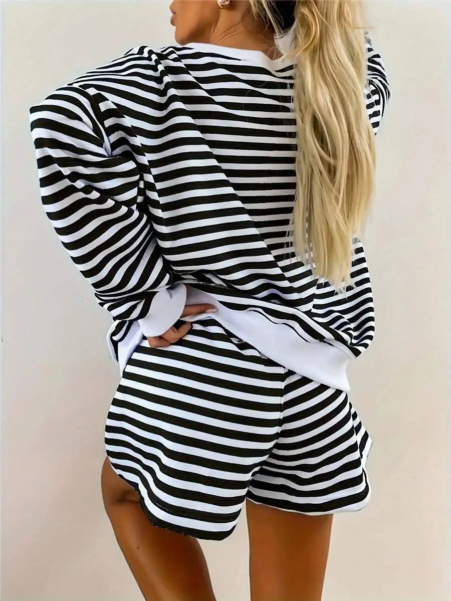 

2-Piece Womens Striped Pajama Set Long Sleeve Shorts V-Neck Casual Comfortable