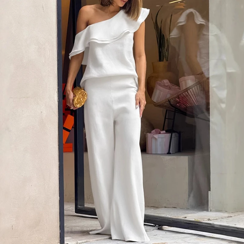 

Women'S One Diagonal Shoulder Ruffles Tops And Long Wide Leg Pants Set Solid White Elegant Casual Office Lady 2 Pieces Set Suits