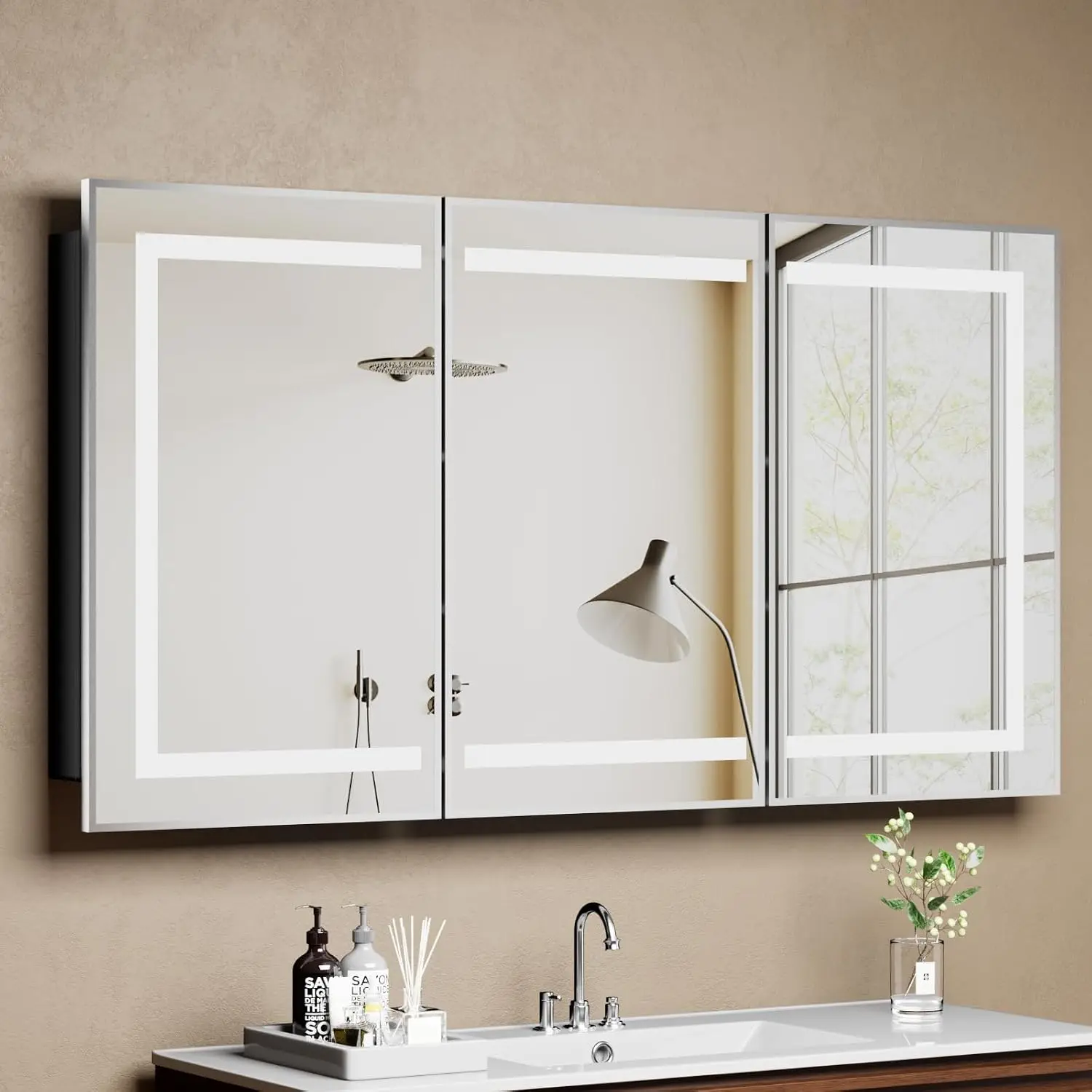 Led Medicine Cabinet Mirror Bathroom Vanity Shelves 3-Color Lights Dimmer Silver 32