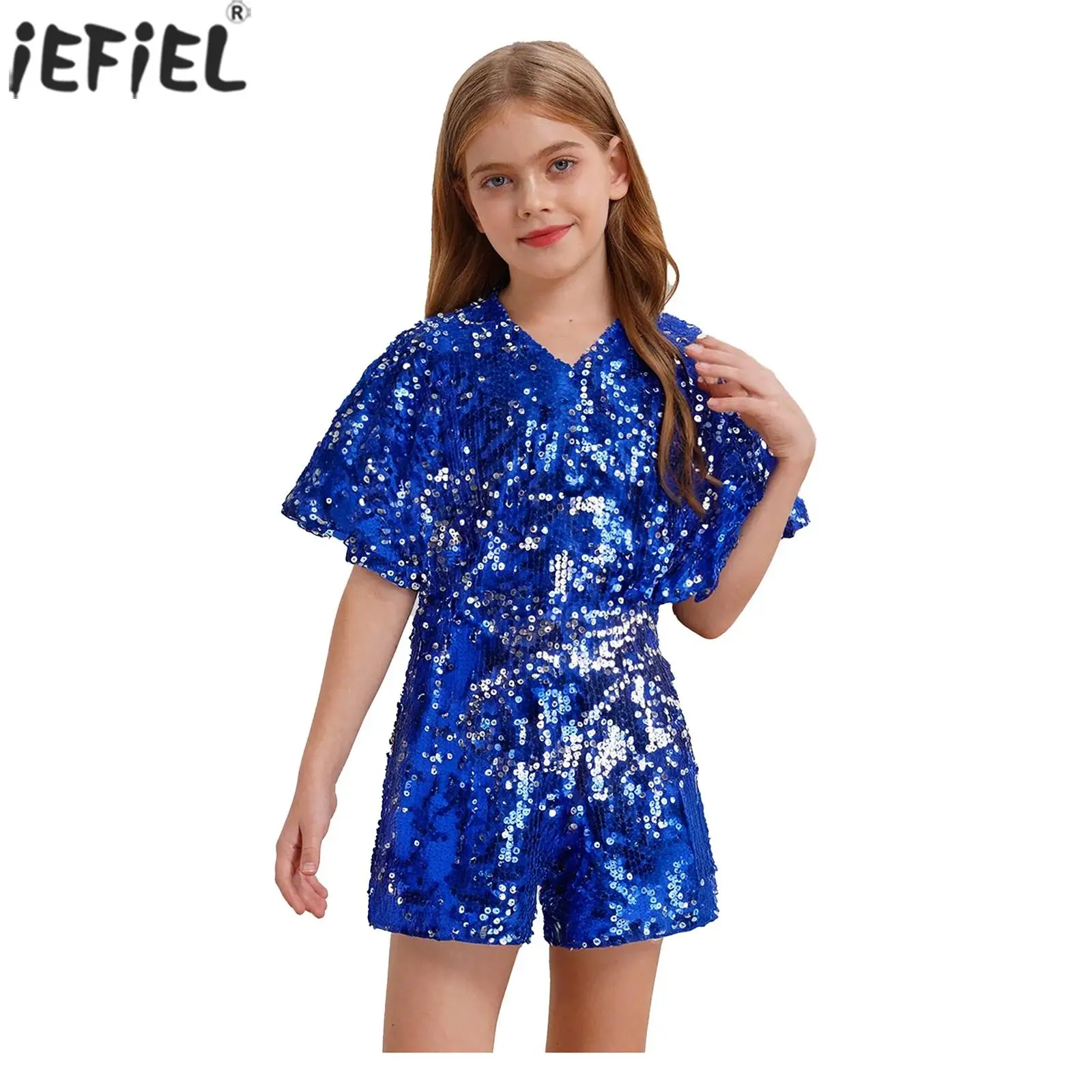 Kids Girls Shiny Sequin Jazz Dance Bodysuit V-Neck Cap Sleeve Rompers Jumpsuit for Birthday Party Pageant Prom Stage Performance