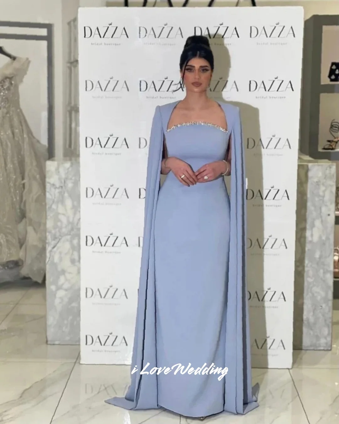 

Blue Square Neck Evening Dress 2025 Long Sleeve Shawl Mermaid Crystal Split Floor-Length Pleated Wedding Party Dress Customized