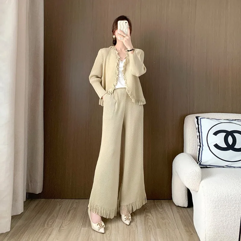 SMVP Women 2-piece Set Solid Color Fringe Long-sleeved Jacket High-waisted Casual Loose Wide-legged Pants 2025 Spring New Suit