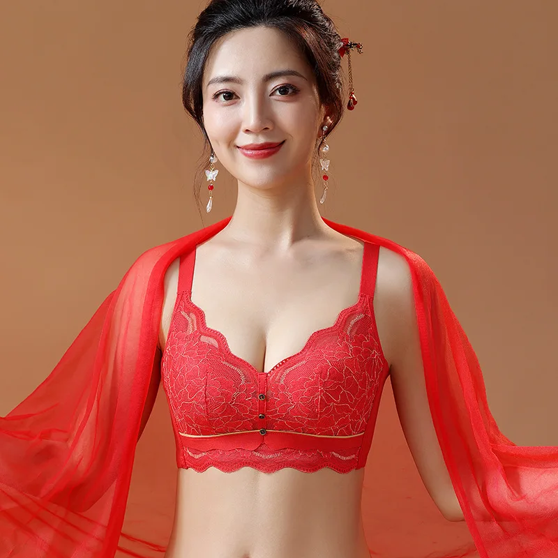 

New Year Red Adjustable Wedding Women's Underwear with Steel Ring Gathered Home Clothes Nylon Fabric /4 Cup Style