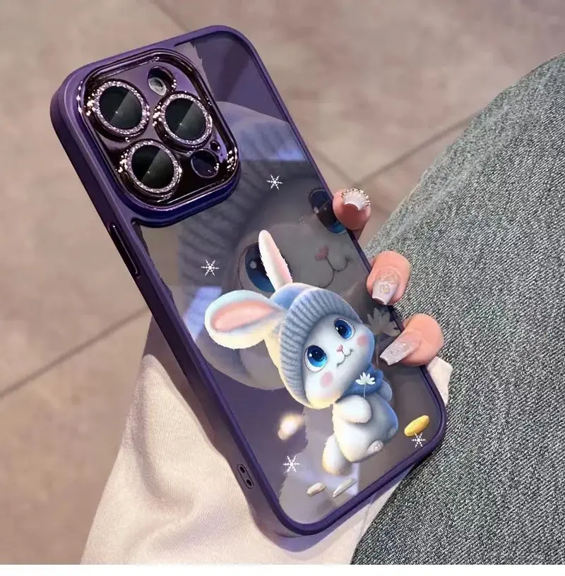 光沢のあるウサギの形をした電話ケース,女性用のシンプルな耐衝撃性バックカバー,ピンク,iPhone 13,14,15,pro max plus,ラグジュアリー