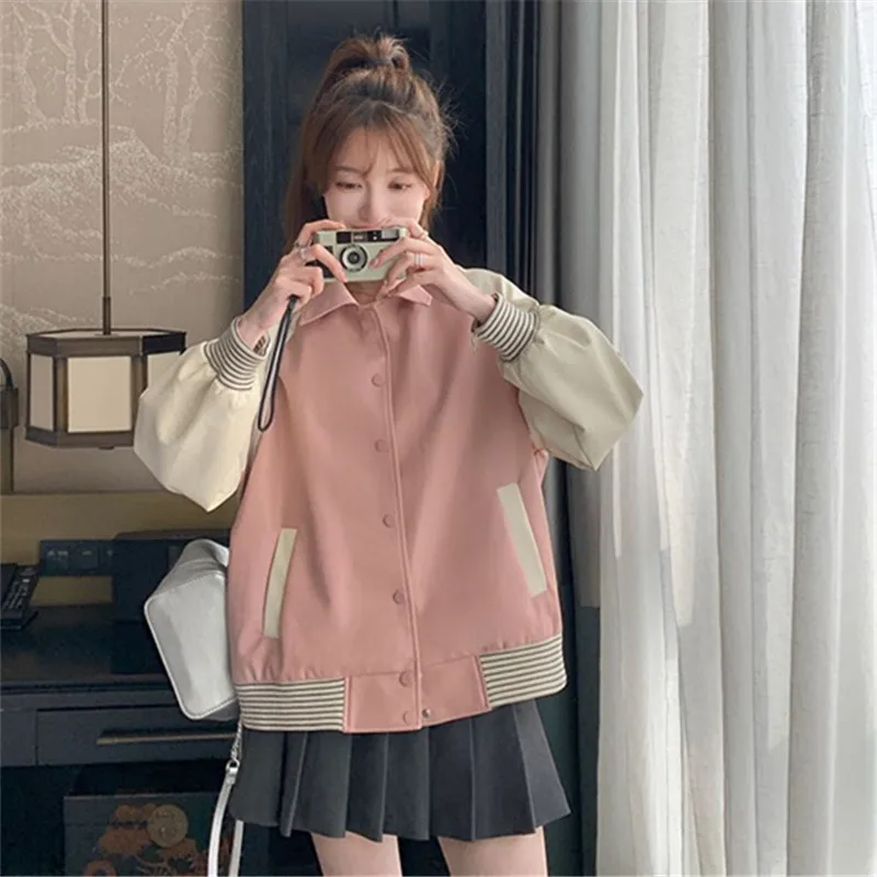 Spring Autumn PU Leather Jacket Women Join Together Long Sleeve Outerwear Casual Contrasting Leather Baseball Uniform Coat