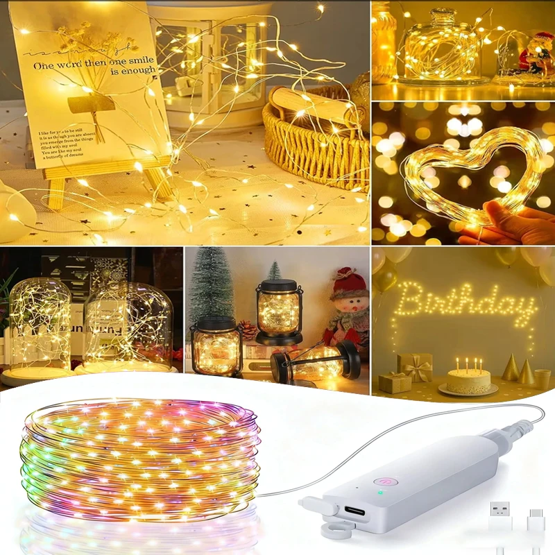 RGB String Lamp Adjustable IP44 Waterproof LED Fairy Light String Rechargeable LED Flashing Warmlight for Bedroom Christmas Tree