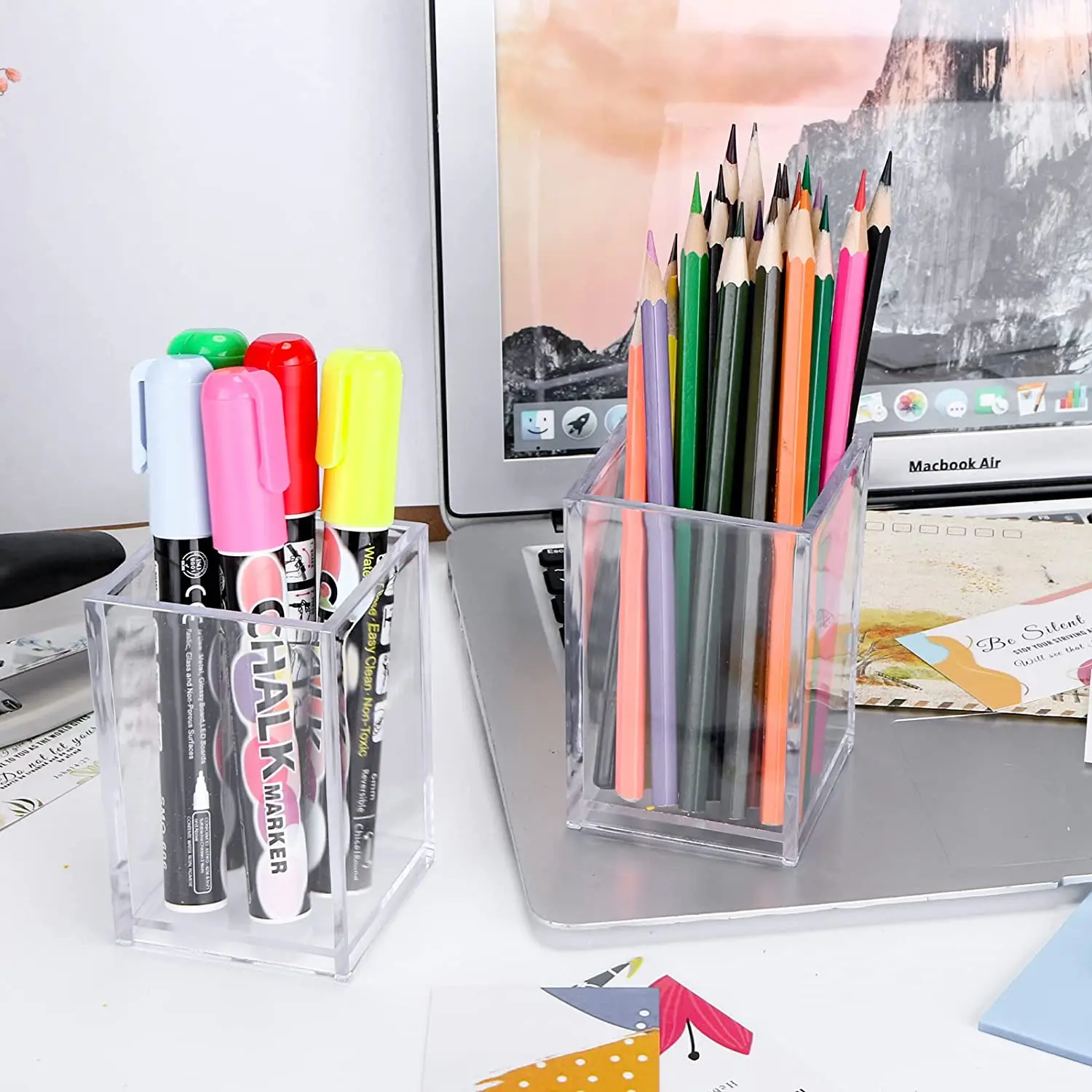 Acrylic Pen Holder Makeup Brush Clear Holder Desktop Pencil Organizer Pencil Cup Stationery Box Office Organizer Accessories