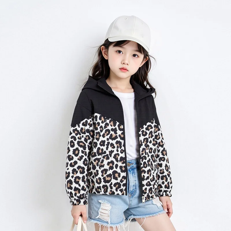 123  Girls Jacket Spring Autumn New Patchwork Leopard Print Hooded Zipper Coat For Teen Kids Leisure Outerwear 2-12 Y Old