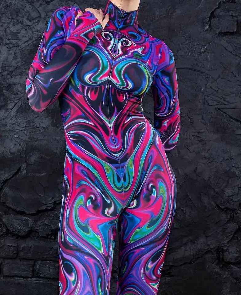 Bunter 3D-Druck Damen Party Cyberpunk Regenbogen Jumpsuit Onesie Halloween Cosplay Kostüm Elastischer Bodysuit Romper – Detail 14