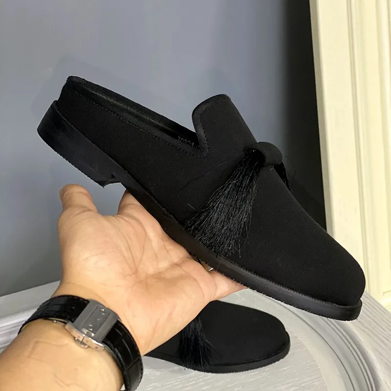 JINIWU 2026 Autumn Tassel Mules for Men, Solid Black Linen Fabric Closed Toe Slides, Handmade Breathable Casual Slippers