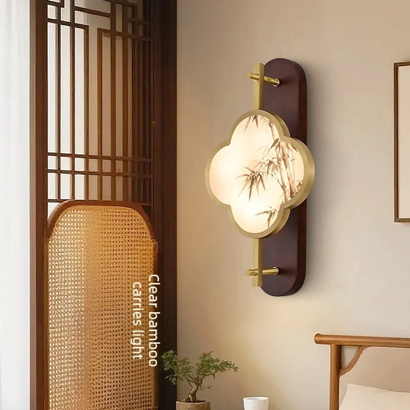 Nordic Copper Wall Lamp New Chinese Style Living Room Dining Room Bedroom Retro Landscape Painting Wall Light High-end Sconces