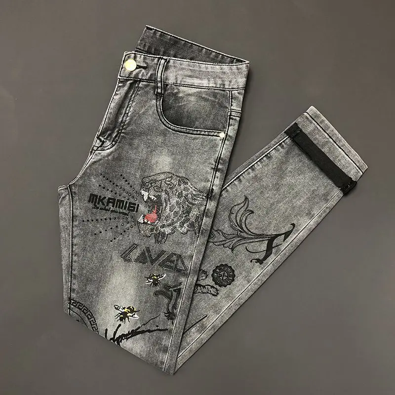 Men's Graphic Jeans with Tiger Print High-end Diamond Decoration Hip Hop Kpop Stretch Grey Korean Style Clothes Luxury Trousers