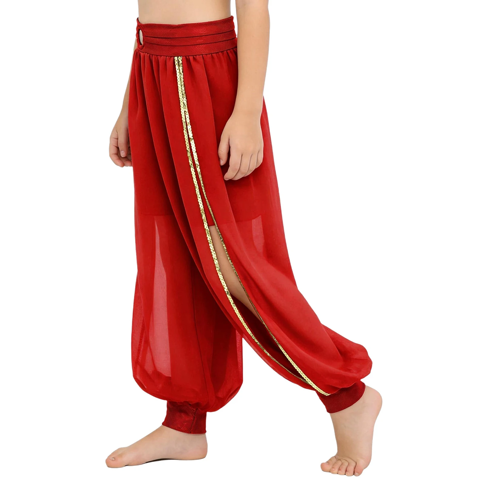 

Kids Girls Flowing Carnival Pants with Sheer Panels And Body Contouring Design Belly Dance Wear for Halloween Stage Performances