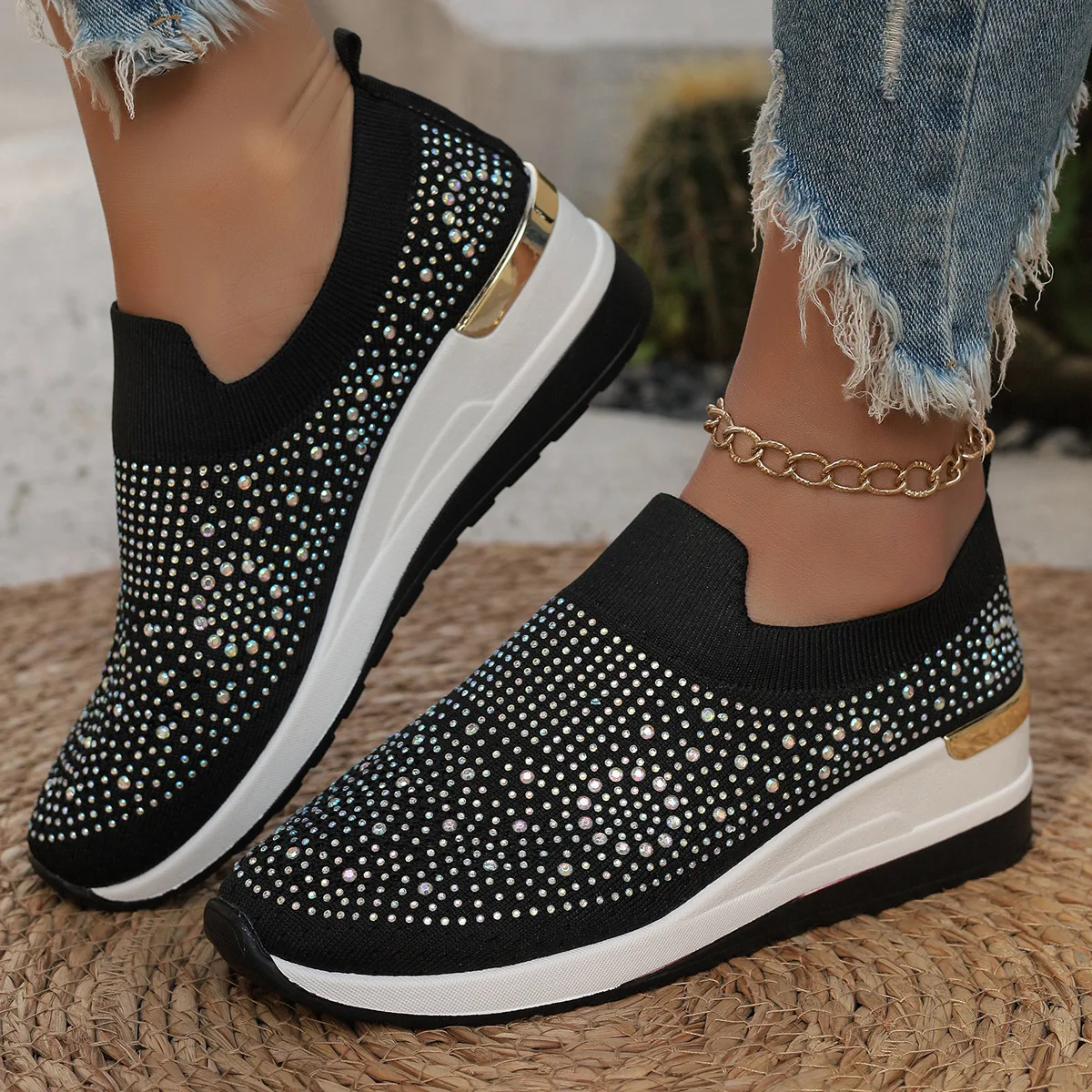 Orange Rhinestone Casual Sneakers Breathable Wedge Women Lightweight Shoes Slip On 2024 New Comfortable Spring Mesh Sports Shoes