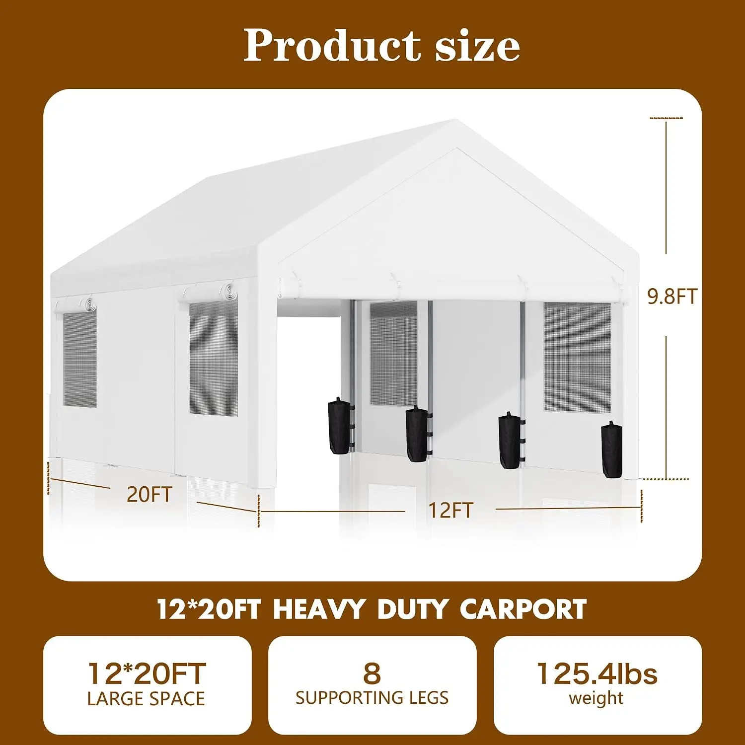 180g PE Tarp, 8 Reinforced Legs, Roll-Up Windows, Removable Sidewalls, UV Resistant, 1.5