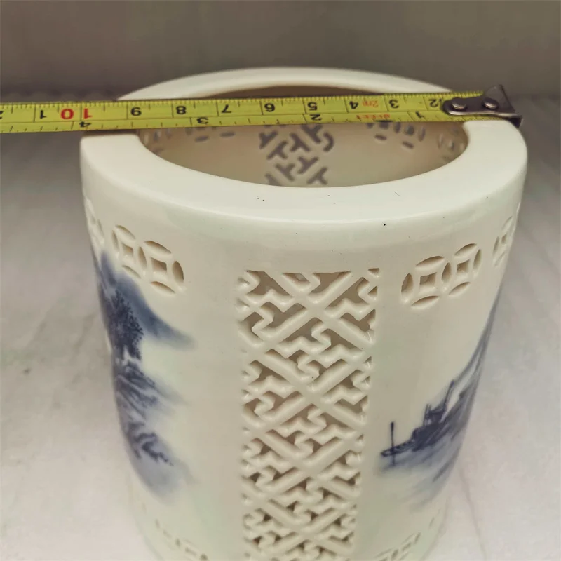 China Old White Porcelain Penholder with Hollow out Blue White Landscape Pattern Traditional Oriental Desk Accessory